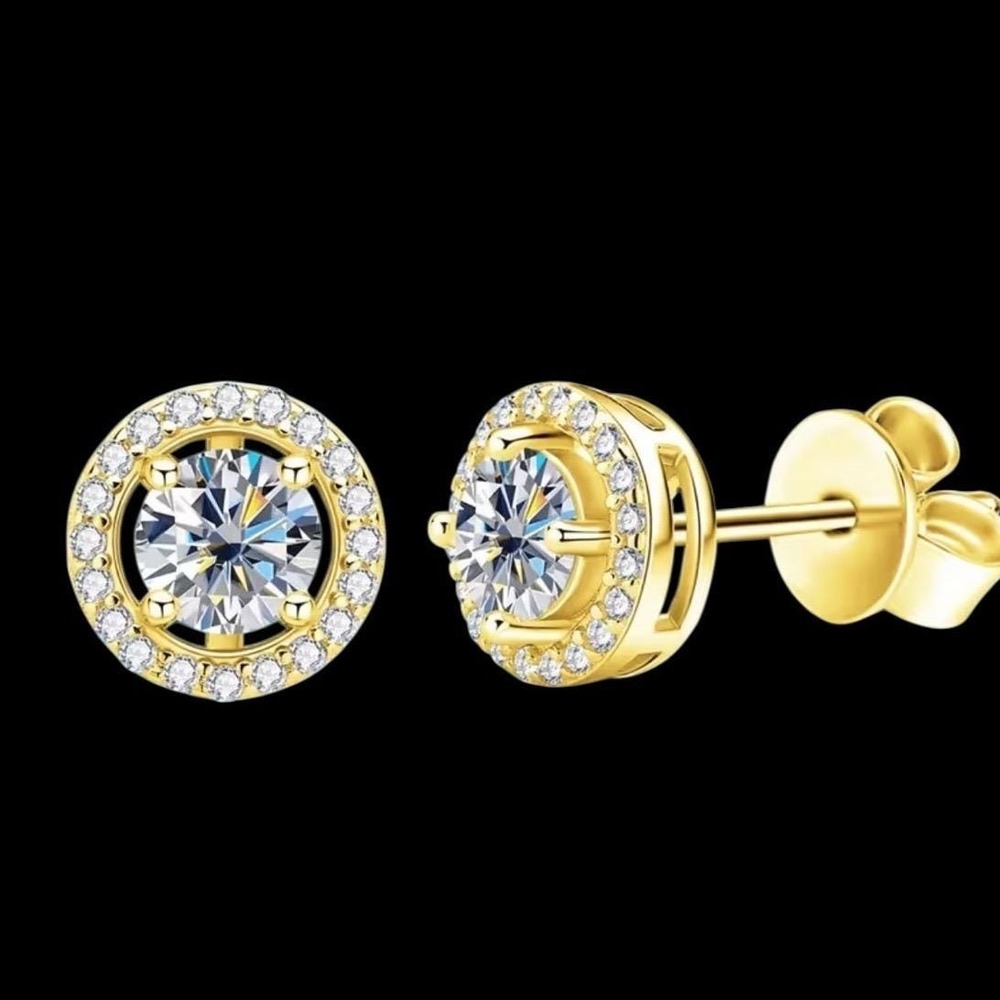 Moissanite Halo Stud Earrings Gold over Sterling Silver Round Cut 1 ct CZ Pave'